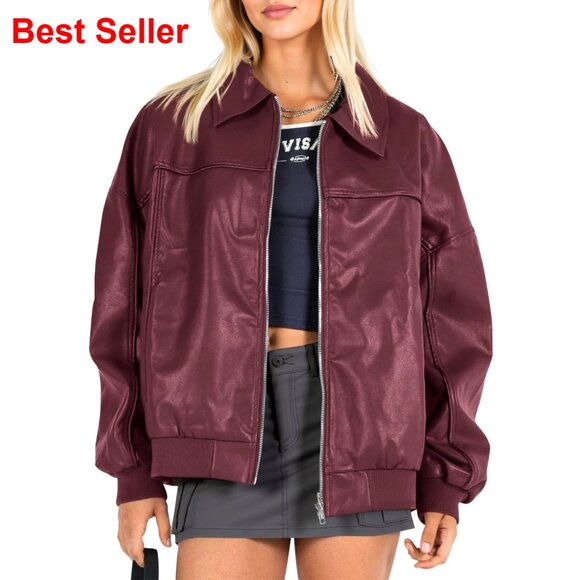 Oversized Faux Leather Bomber Jacket Moto Biker Coat Zip Up Fall Fashion